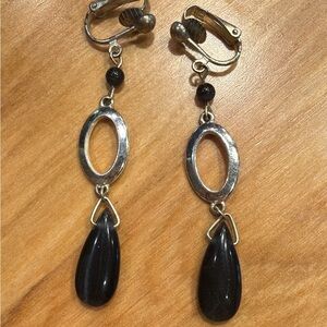 Oval Links Black Onyx Bead Drop Dangle Clip On Earrings